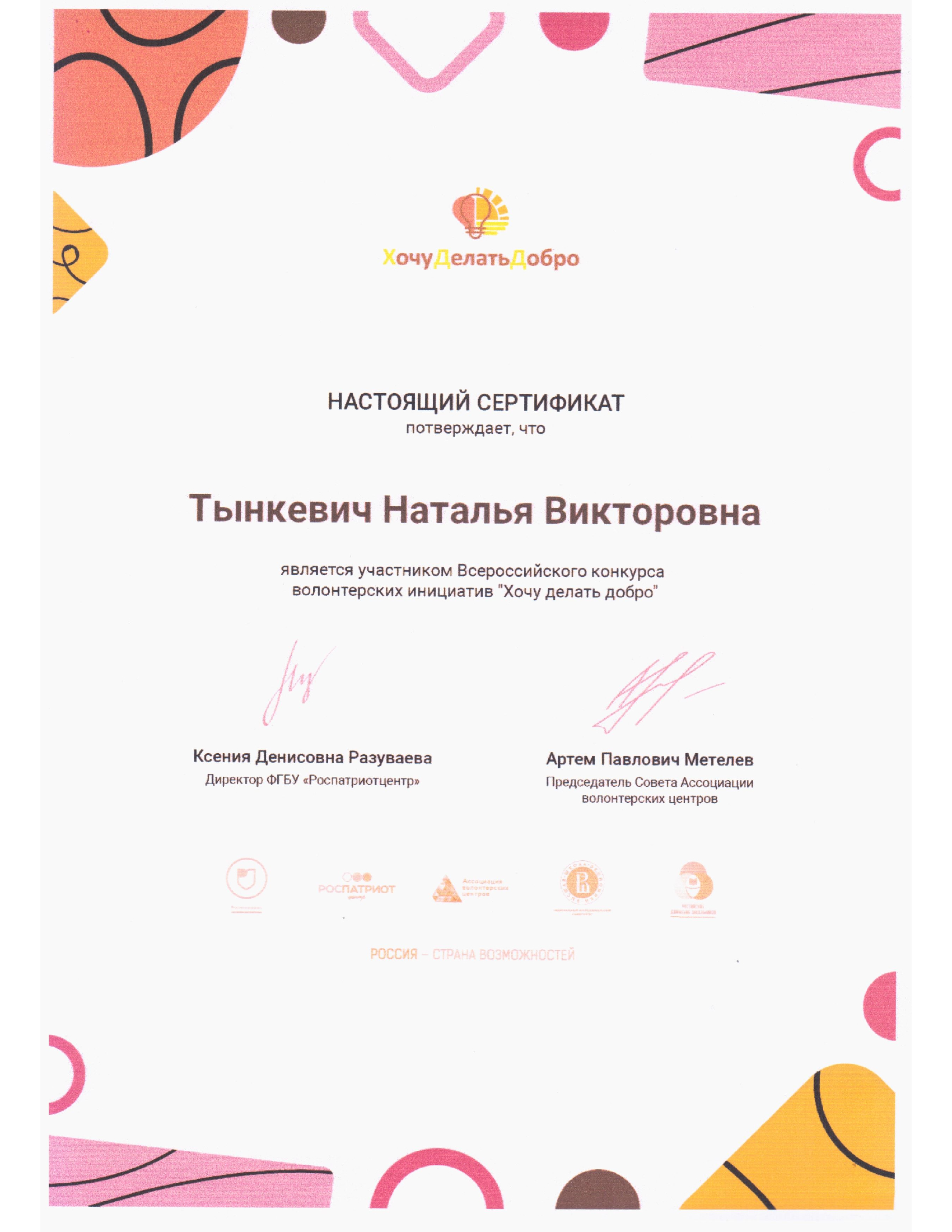 Сертификат участника Всероссийского конкурса волонтерских инициатив