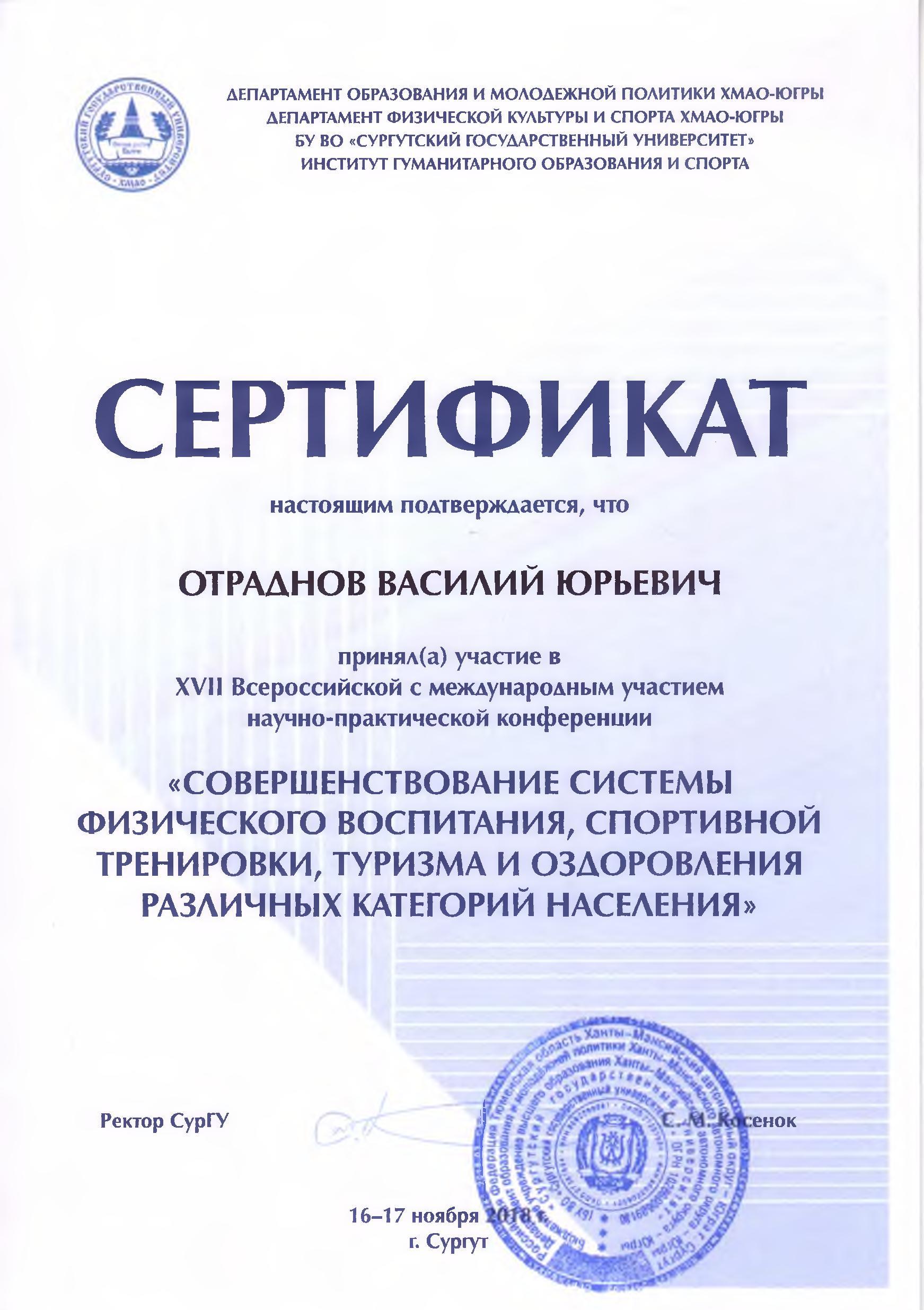 Сертификат участника XVII Всероссийской с международным участием научно-практической конференции